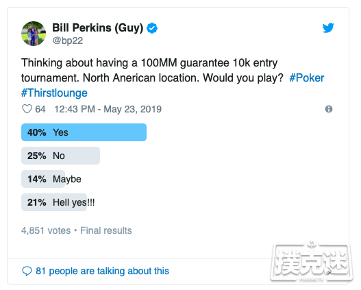 Bill Perkins想举办一场1亿美元保底奖池的锦标赛？！