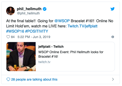 Phil Hellmuth在$400买入WSOP.com线上金手链赛事中获得第五名