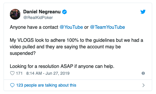 被YouTube删除一支视频，丹牛担心自己账号被封