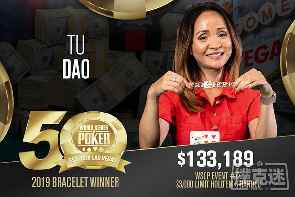 女牌手Tu Dao赢得$3,000有限德扑六人桌赛事冠军