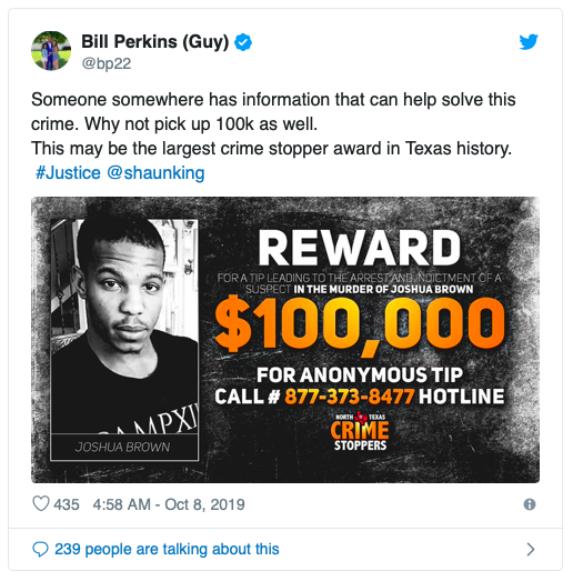 Bill Perkins悬赏$100K寻找Joshua Brown被害案关键目击证人